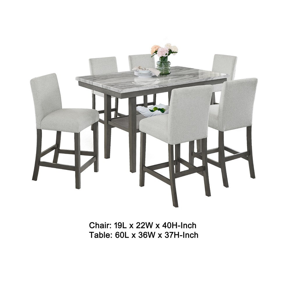 Jeny 7pc Counter Height Dining Set | Gray Seats | 60" Faux Marble Top