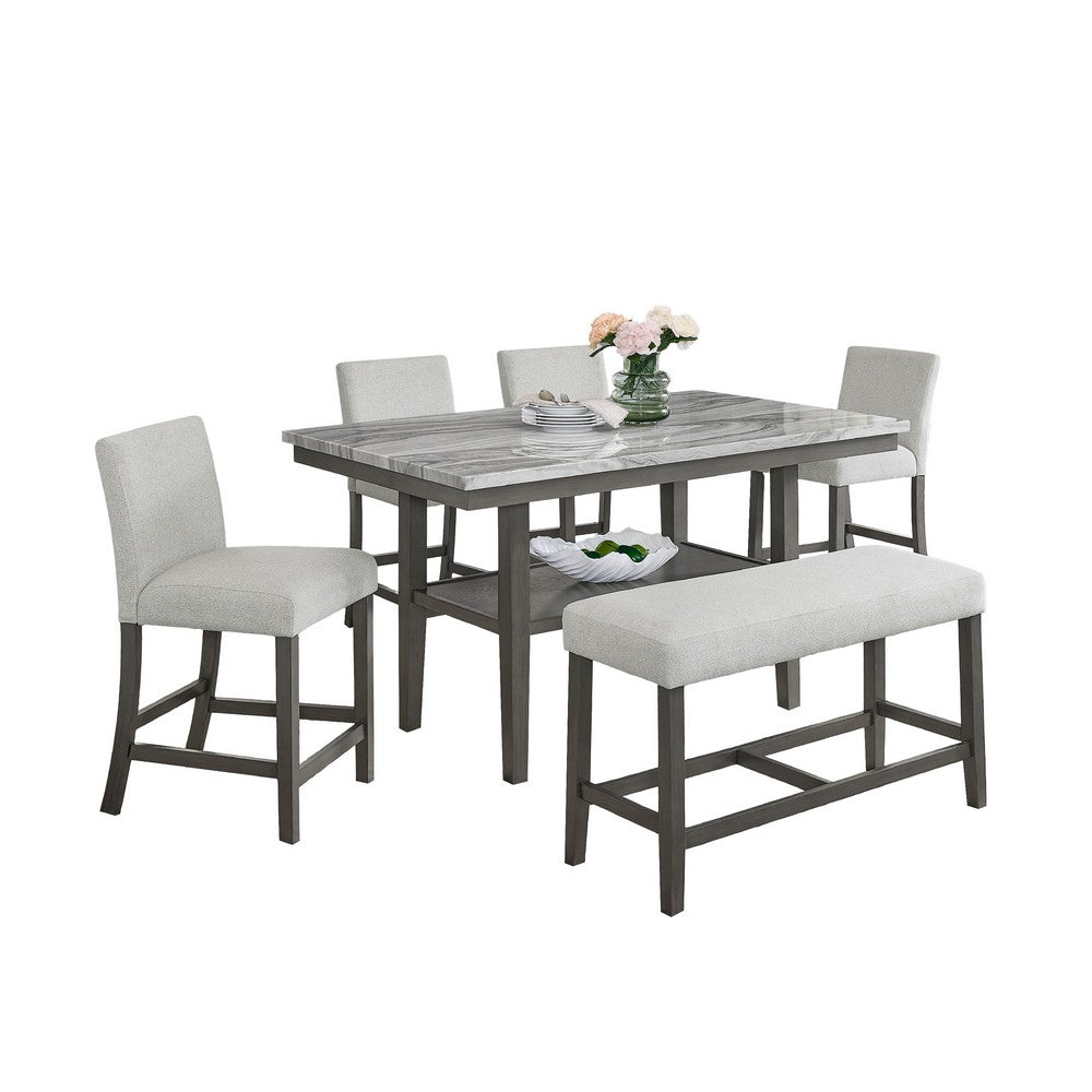 Jeny 6pc Counter Height Dining Set | Gray Bench Chairs | 60" Faux Marble