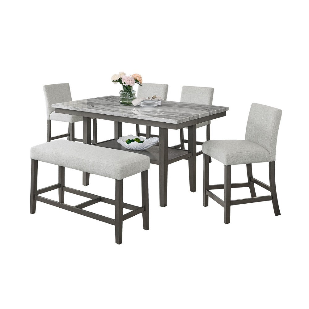 Jeny 6pc Counter Height Dining Set | Gray Bench Chairs | 60" Faux Marble