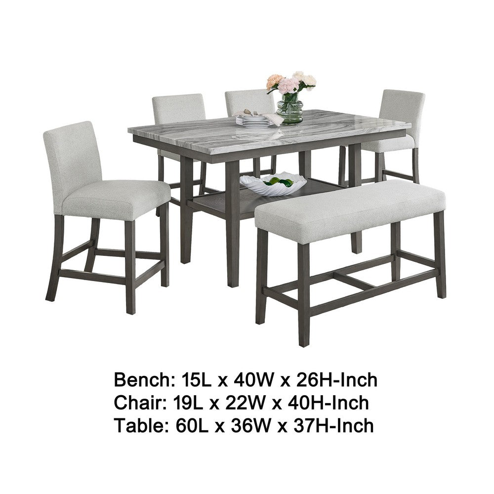 Jeny 6pc Counter Height Dining Set | Gray Bench Chairs | 60" Faux Marble