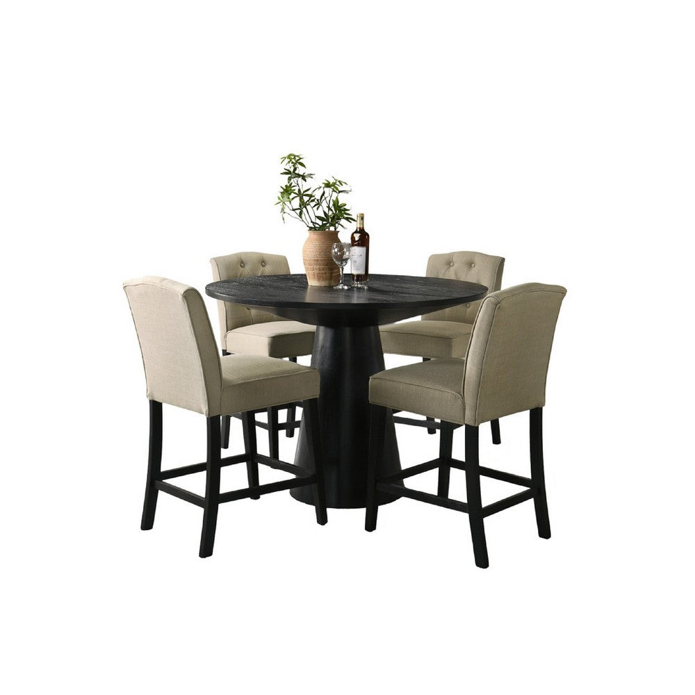 Kiy 5pc Counter Height Dining Set | Beige Seats | 47" Ebony Black Top