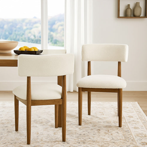 Meny Dining Chair Set of 2 | Beige Sherpa Upholstery | Walnut Oak Brown