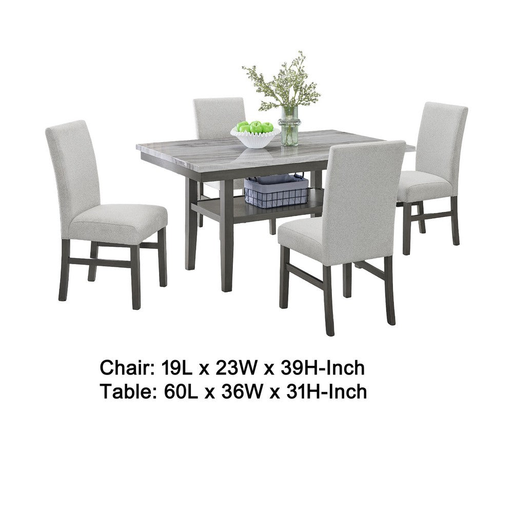 Jeny 5pc Dining Set | 60" Faux Marble Top & Gray Upholstered Chairs