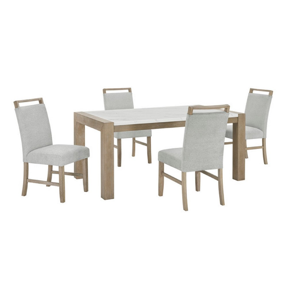 Teny 5pc Dining Set | 66" White Faux Marble Top | Light Oak Brown