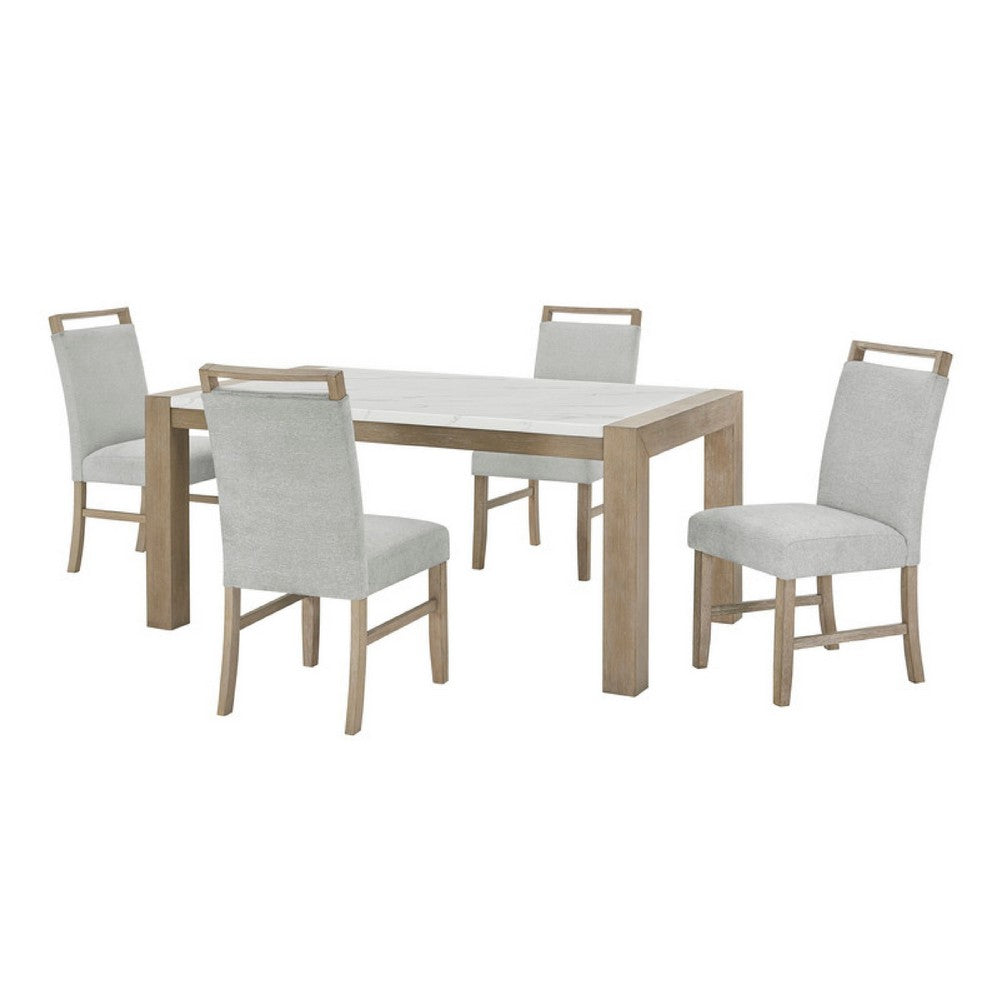 Teny 5pc Dining Set | 66" White Faux Marble Top | Light Oak Brown