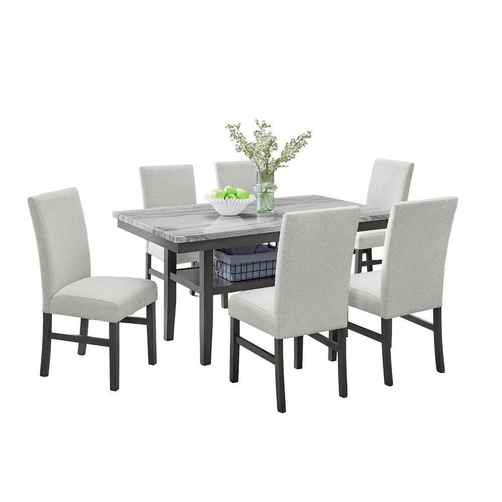 Jeny 7pc Dining Set | 60" Faux Marble Top & Gray Upholstered Chairs