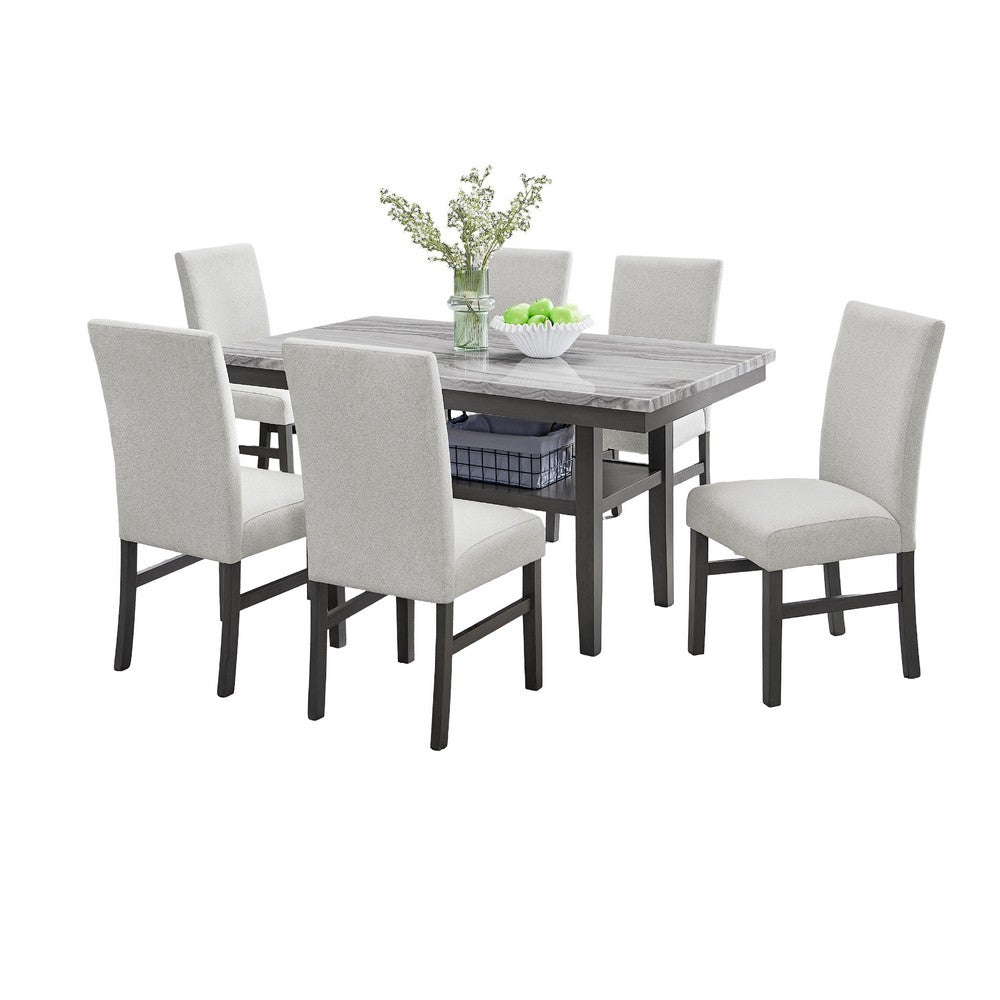 Jeny 7pc Dining Set | 60" Faux Marble Top & Gray Upholstered Chairs