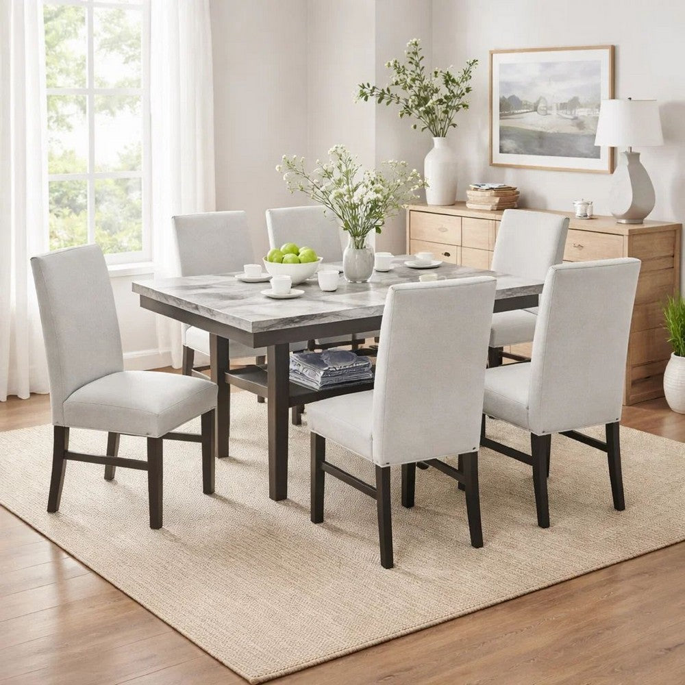 Jeny 7pc Dining Set | 60" Faux Marble Top & Gray Upholstered Chairs