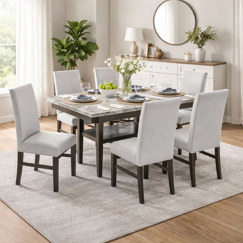 Jeny 7pc Dining Set | 60" Faux Marble Top & Gray Upholstered Chairs