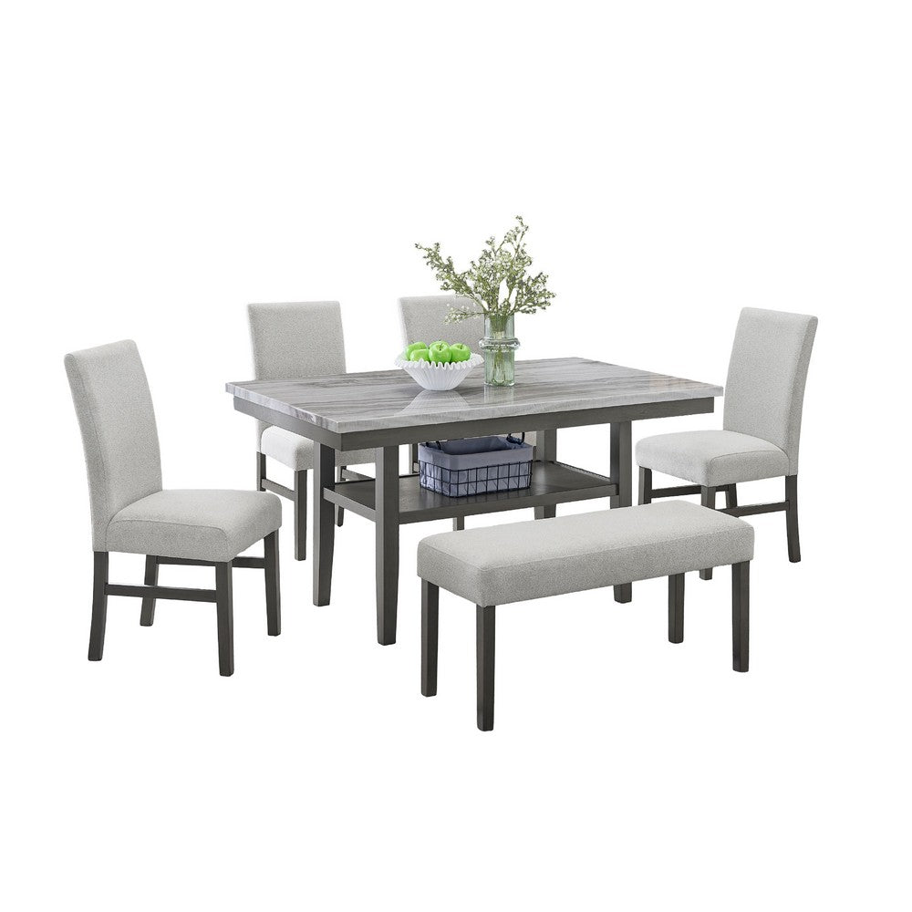 Jeny 6pc Dining Set | 60" Faux Marble Top with 4 Gray Chairs, Bench