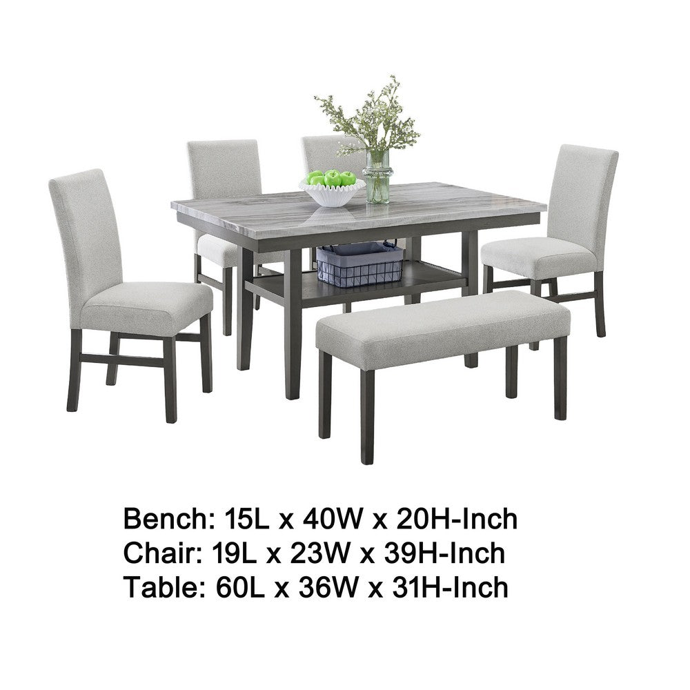 Jeny 6pc Dining Set | 60" Faux Marble Top with 4 Gray Chairs, Bench