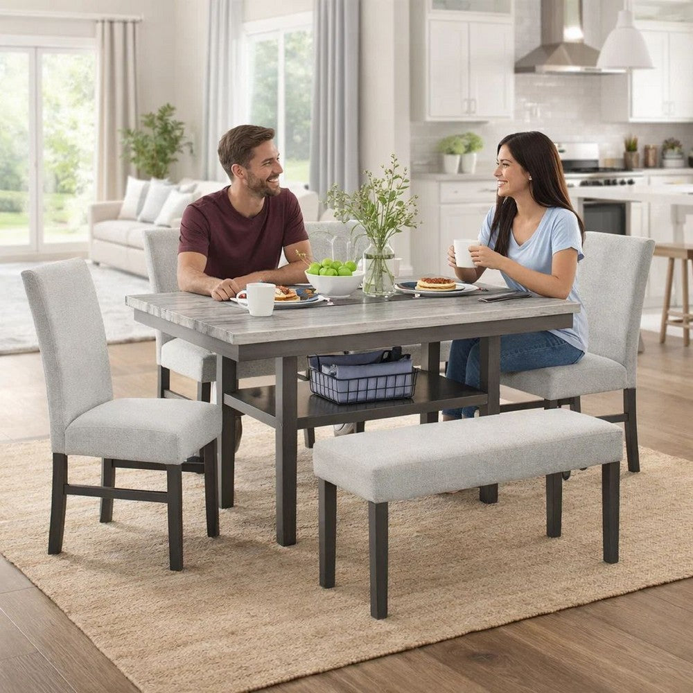 Jeny 6pc Dining Set | 60" Faux Marble Top with 4 Gray Chairs, Bench