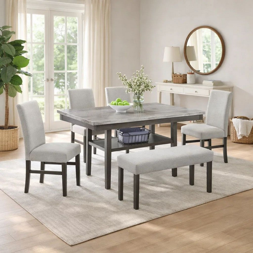 Jeny 6pc Dining Set | 60" Faux Marble Top with 4 Gray Chairs, Bench