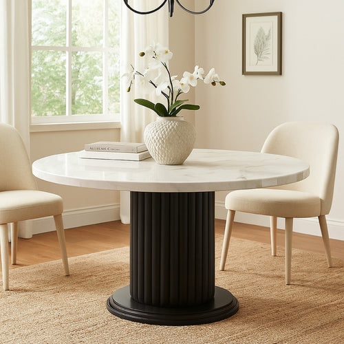 Beny 5pc Dining Set | 54" White Faux Marble Top | Dark Oak Gray