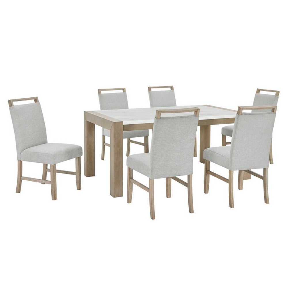 Teny 7pc Dining Table Set | 66" White Faux Marble | 6 Chairs | Brown