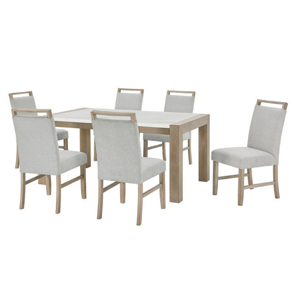 Teny 7pc Dining Table Set | 66" White Faux Marble | 6 Chairs | Brown