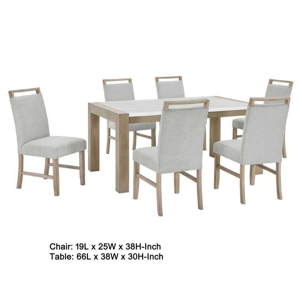 Teny 7pc Dining Table Set | 66" White Faux Marble | 6 Chairs | Brown