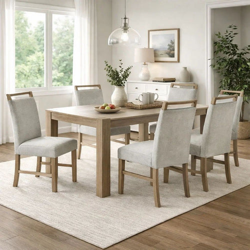Teny 7pc Dining Table Set | 66" White Faux Marble | 6 Chairs | Brown