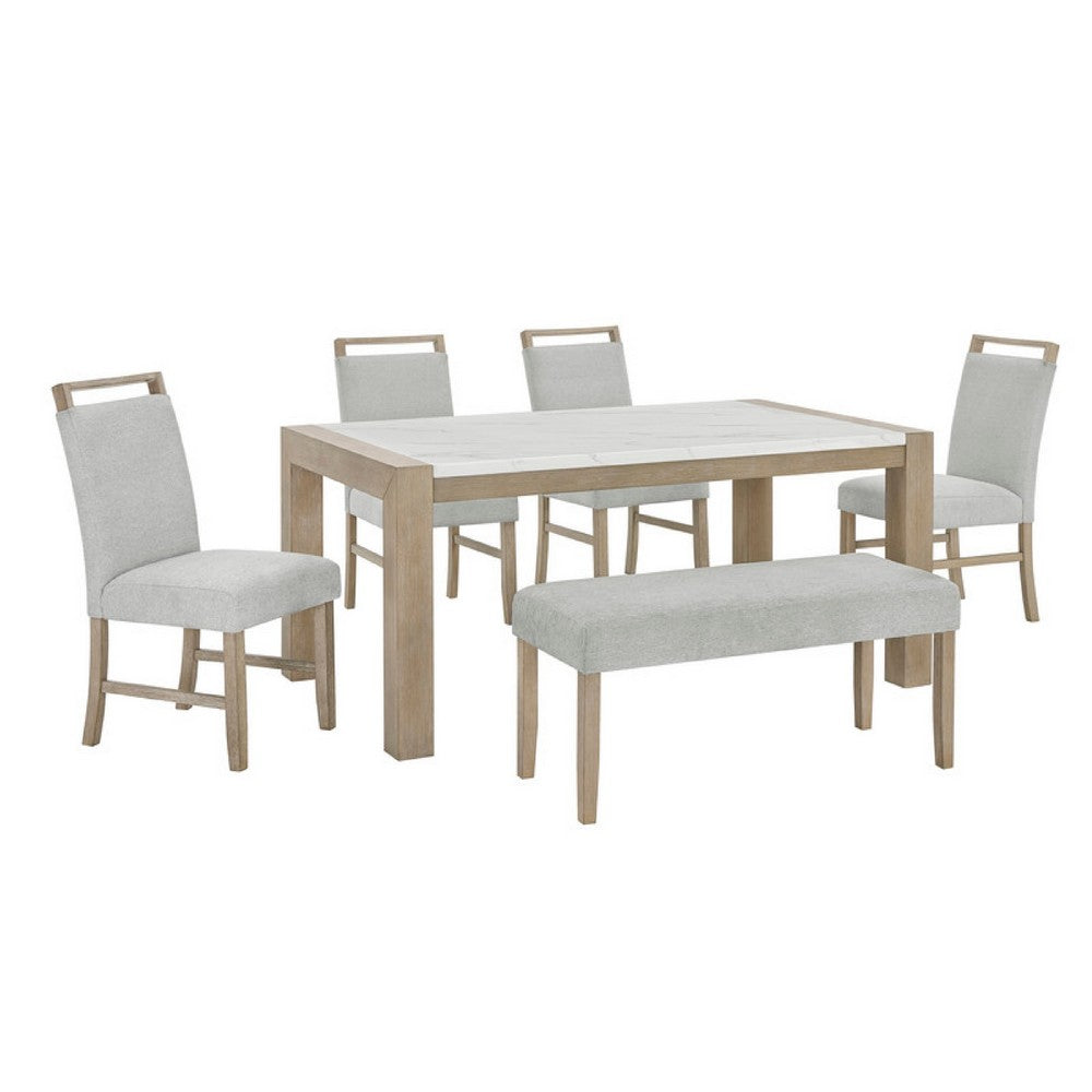 Teny 6pc Dining Set w Chairs & Bench | 66" White Faux Marble | Light Brown
