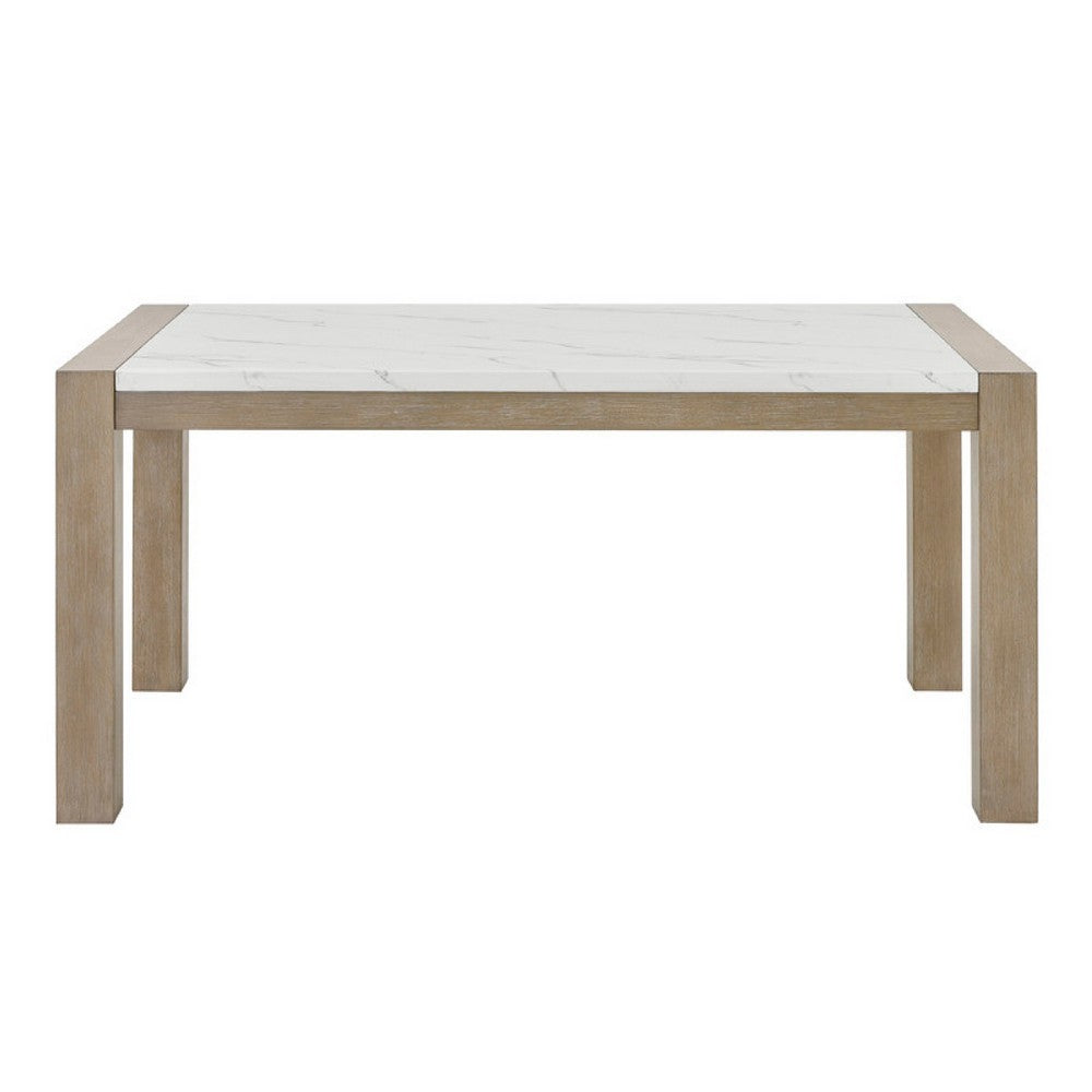 Teny 6pc Dining Set w Chairs & Bench | 66" White Faux Marble | Light Brown
