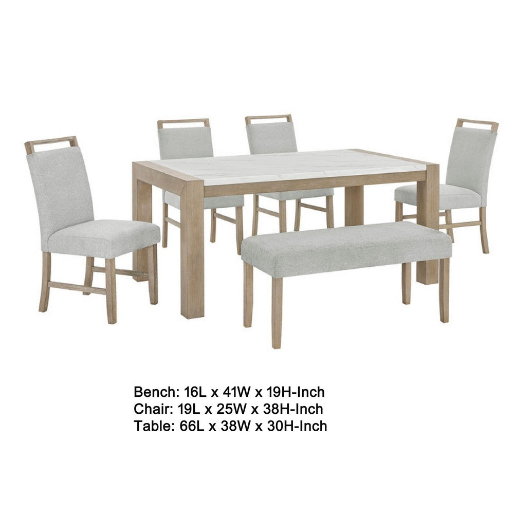 Teny 6pc Dining Set w Chairs & Bench | 66" White Faux Marble | Light Brown