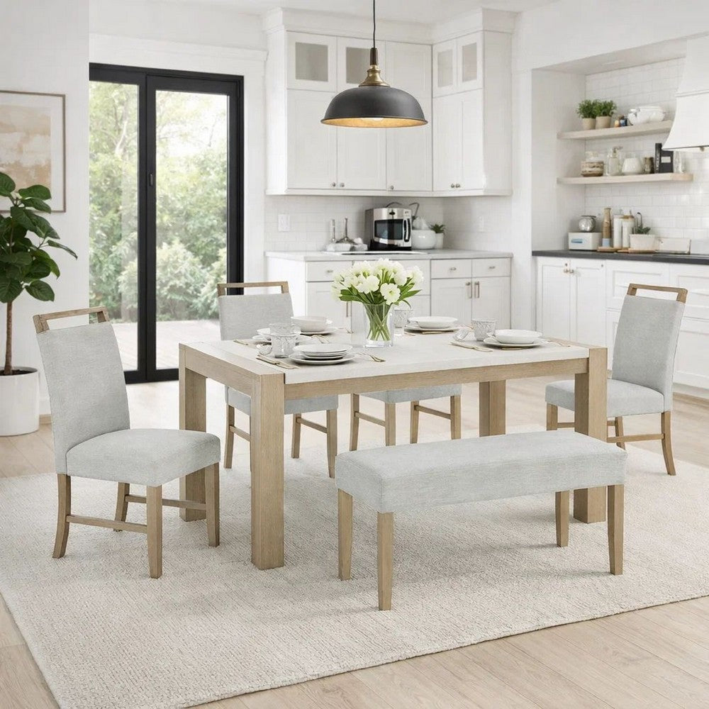 Teny 6pc Dining Set w Chairs & Bench | 66" White Faux Marble | Light Brown