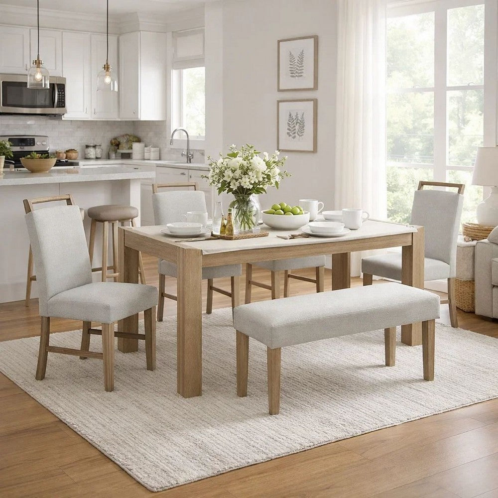 Teny 6pc Dining Set w Chairs & Bench | 66" White Faux Marble | Light Brown