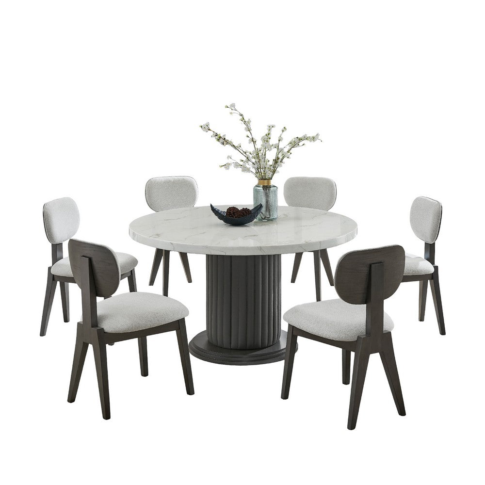 Beny 7pc Dining Table Set | 54" Round White | Low Back Chairs | Dark Gray