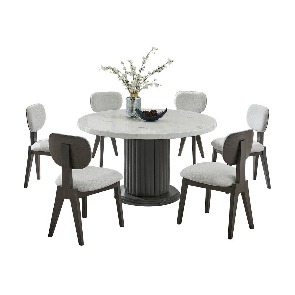 Beny 7pc Dining Table Set | 54" Round White | Low Back Chairs | Dark Gray