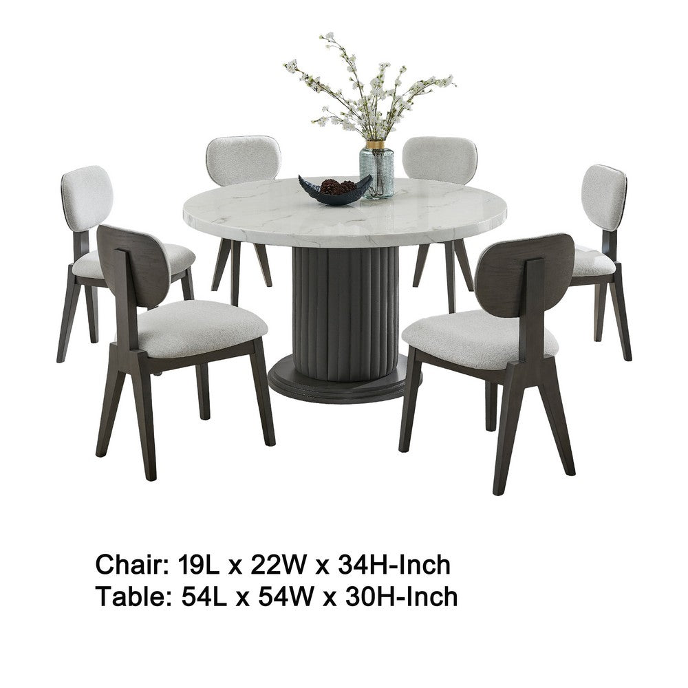 Beny 7pc Dining Table Set | 54" Round White | Low Back Chairs | Dark Gray