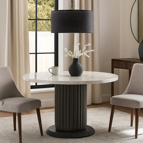 Beny 7pc Dining Table Set | 54" Round White | Low Back Chairs | Dark Gray