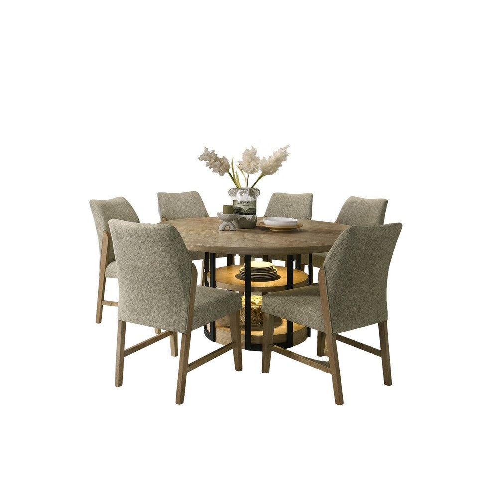 Lemy 7pc Dining Table Set | 59" Round Top w 2 LED Shelves | Oak Brown