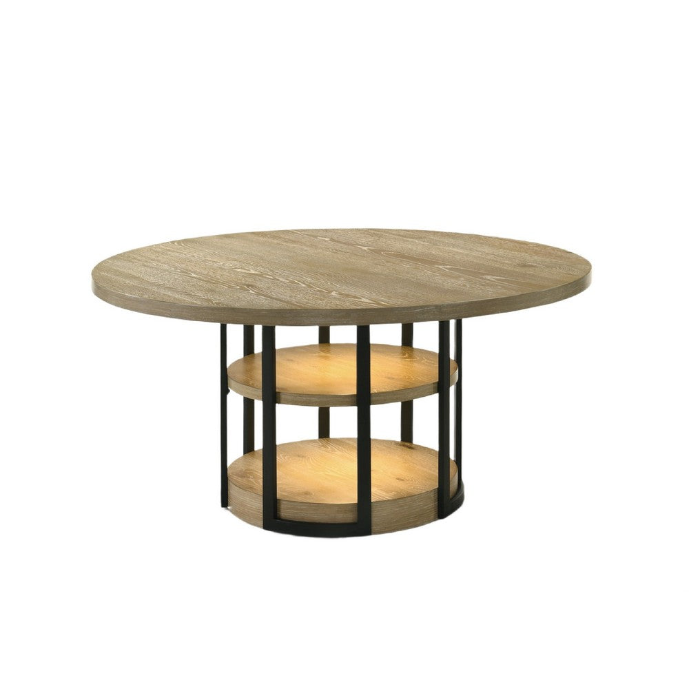 Lemy 7pc Dining Table Set | 59" Round Top w 2 LED Shelves | Oak Brown