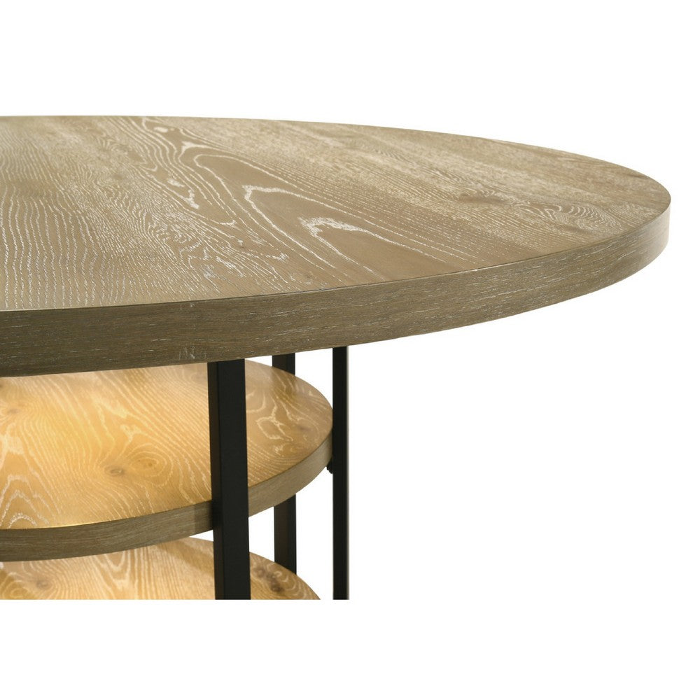 Lemy 7pc Dining Table Set | 59" Round Top w 2 LED Shelves | Oak Brown