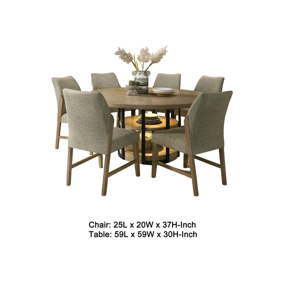 Lemy 7pc Dining Table Set | 59" Round Top w 2 LED Shelves | Oak Brown