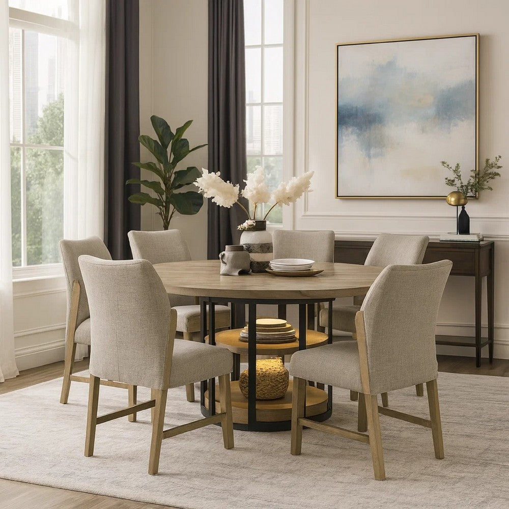 Lemy 7pc Dining Table Set | 59" Round Top w 2 LED Shelves | Oak Brown