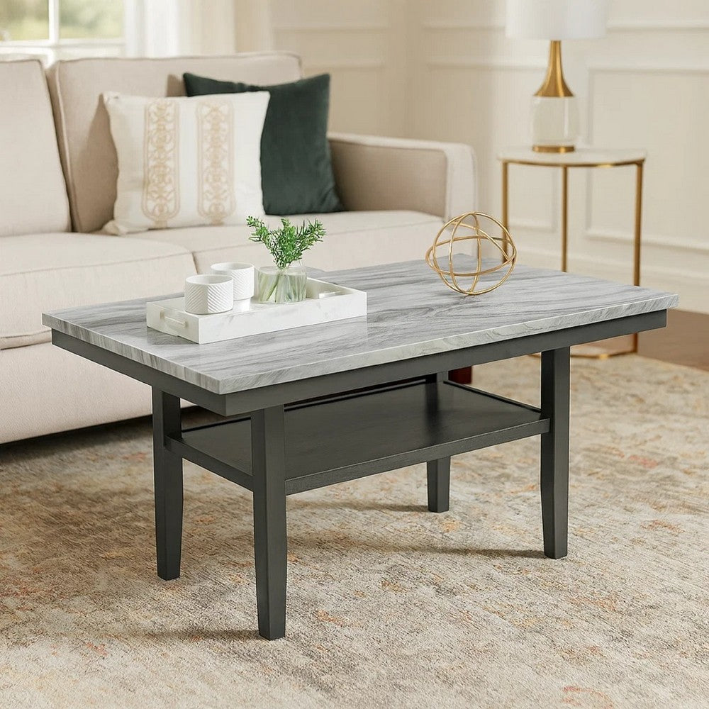 Jeny Dining Table | 60" Faux Marble Top w Lower Shelf | Dark Gray