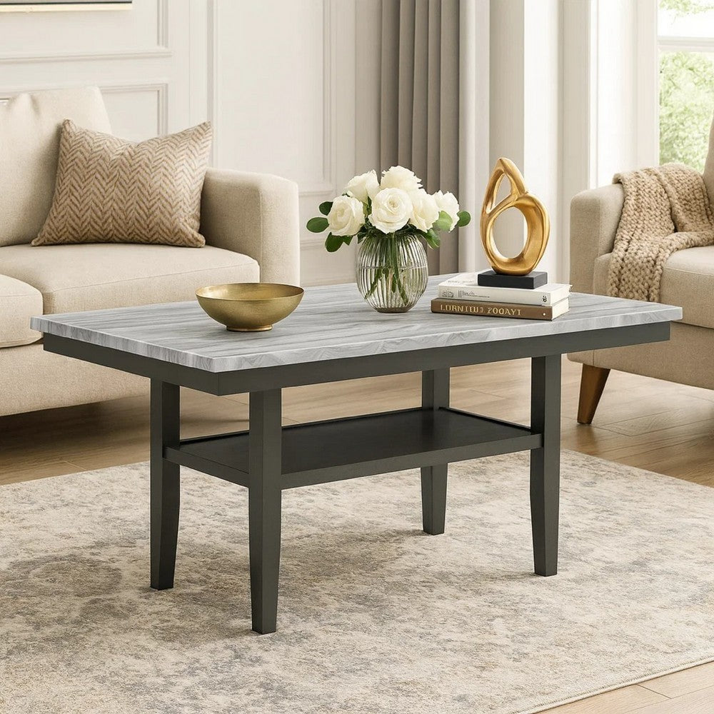 Jeny Dining Table | 60" Faux Marble Top w Lower Shelf | Dark Gray
