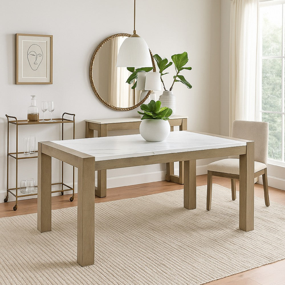 Teny Dining Table | 66" White Faux Marble Top | Light Brown oak