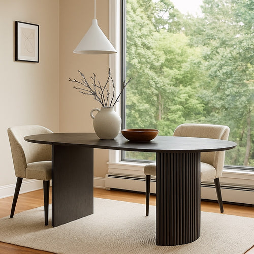Beny Dining Table | 80" Oval Top | Dual Pedestal Base | Dark Gray Oak