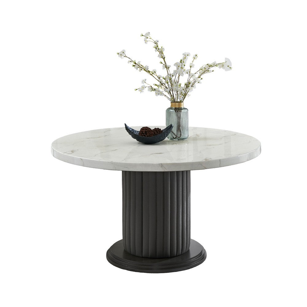 Beny Dining Table | 54" Round White Faux Marble Top | Dark Gray Oak