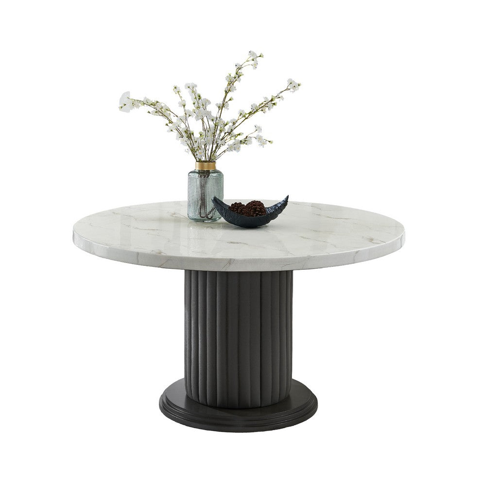 Beny Dining Table | 54" Round White Faux Marble Top | Dark Gray Oak