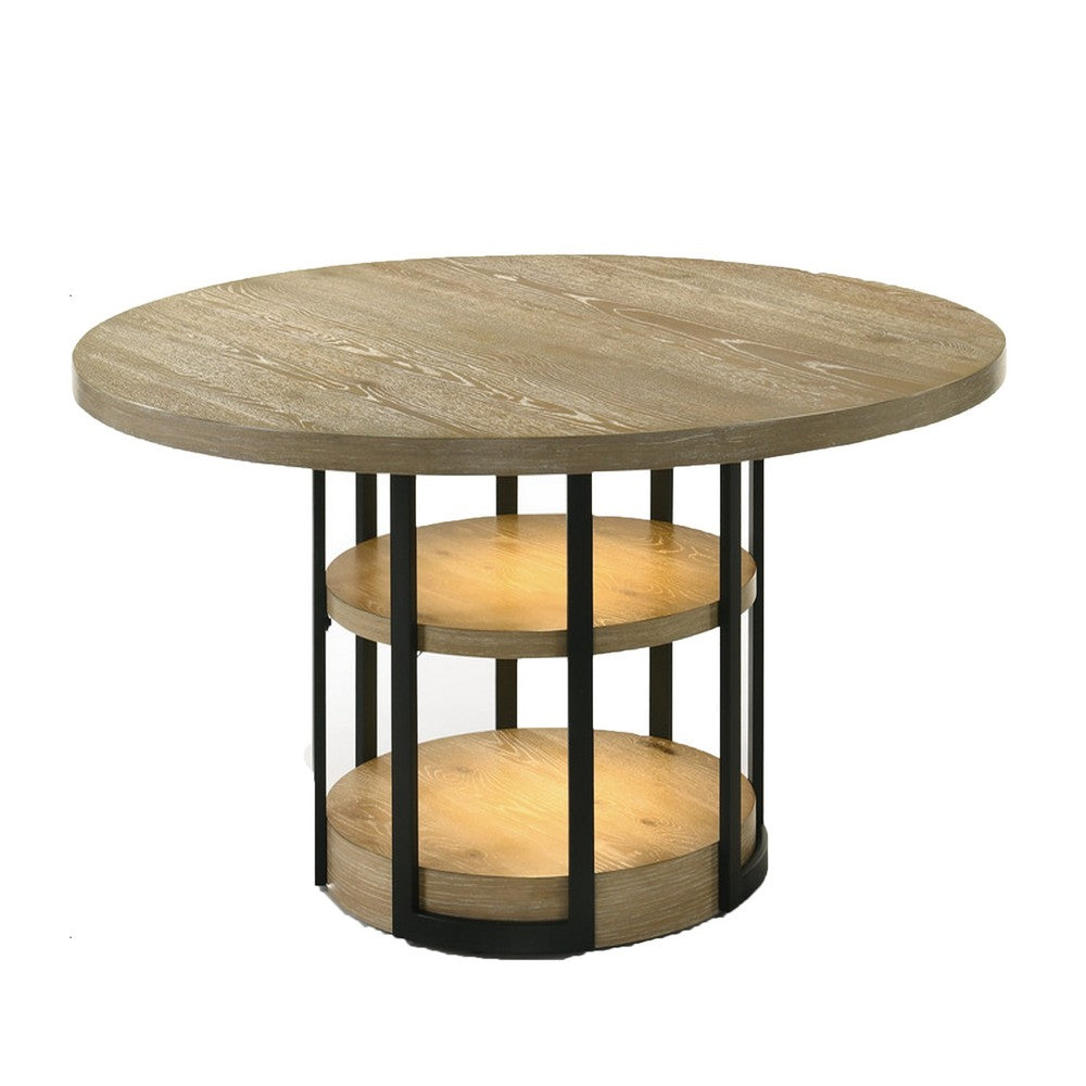 Lemy Dining Table | 59" Round Brown Top w 2 LED Shelves | Metal Legs