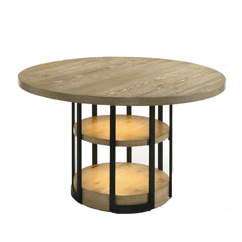 Lemy Dining Table | 59" Round Brown Top w 2 LED Shelves | Metal Legs