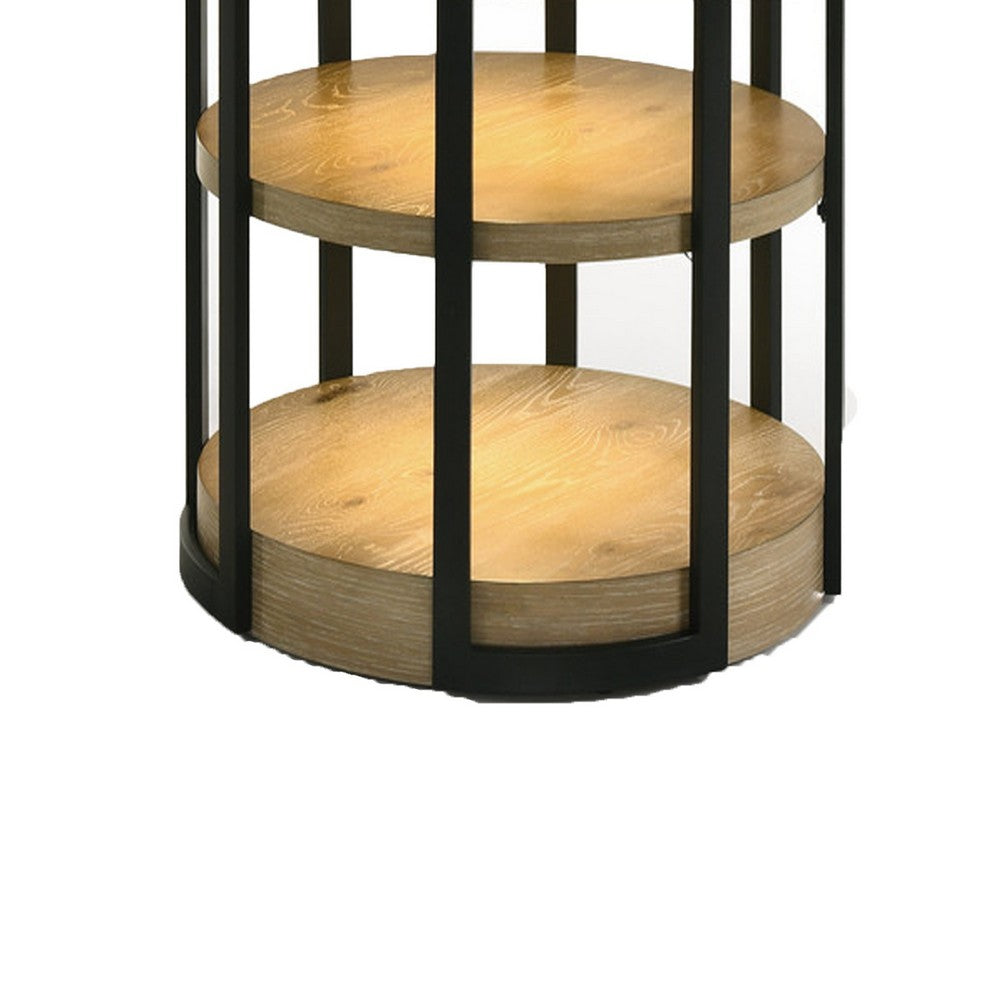Lemy Dining Table | 59" Round Brown Top w 2 LED Shelves | Metal Legs