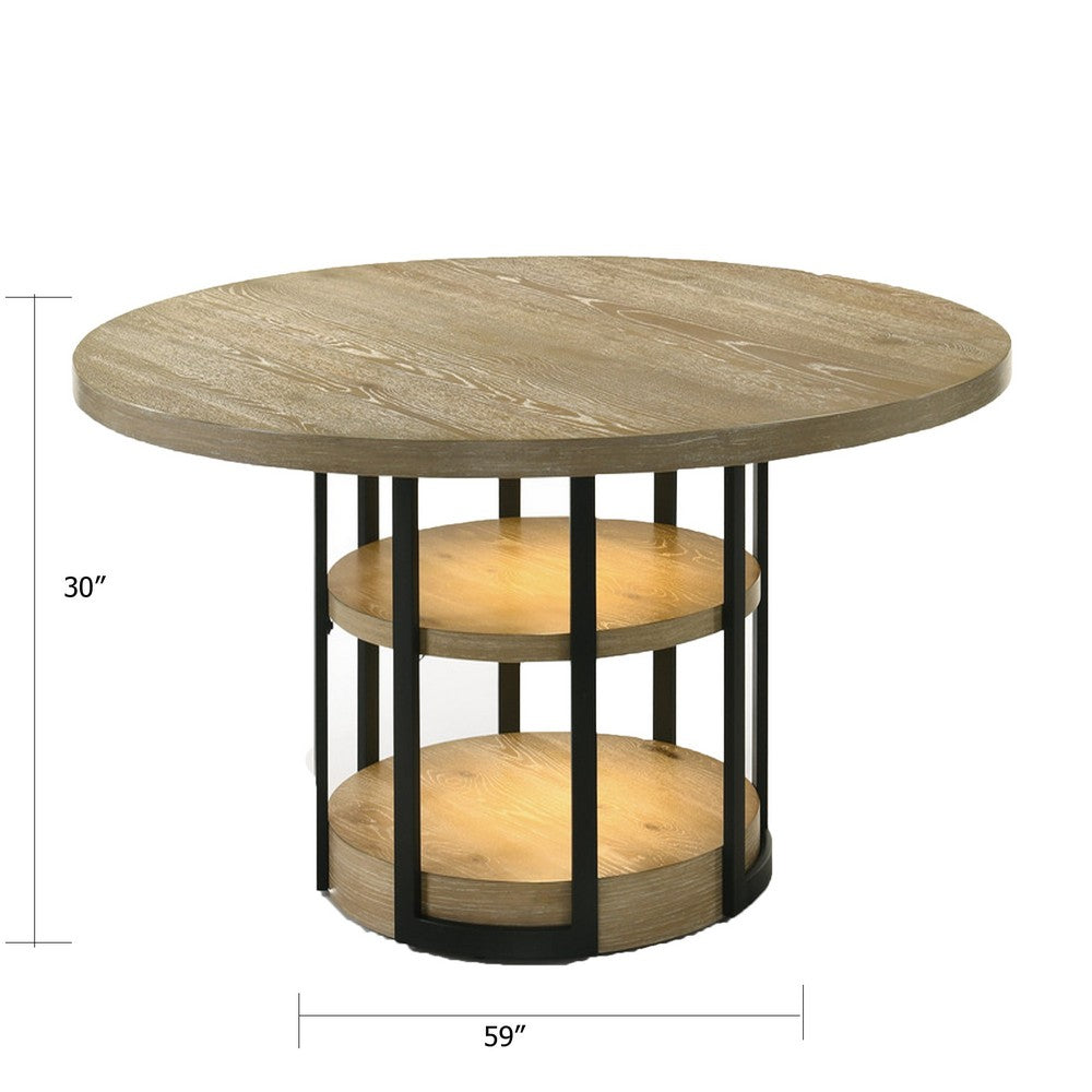 Lemy Dining Table | 59" Round Brown Top w 2 LED Shelves | Metal Legs