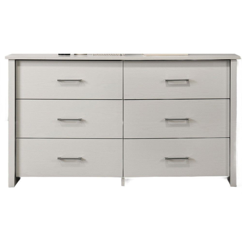 Kele Wide Dresser | 6 Drawers w Silver Handles | White Laminate