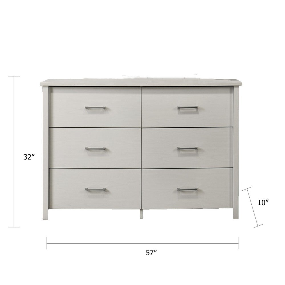 Kele Wide Dresser | 6 Drawers w Silver Handles | White Laminate