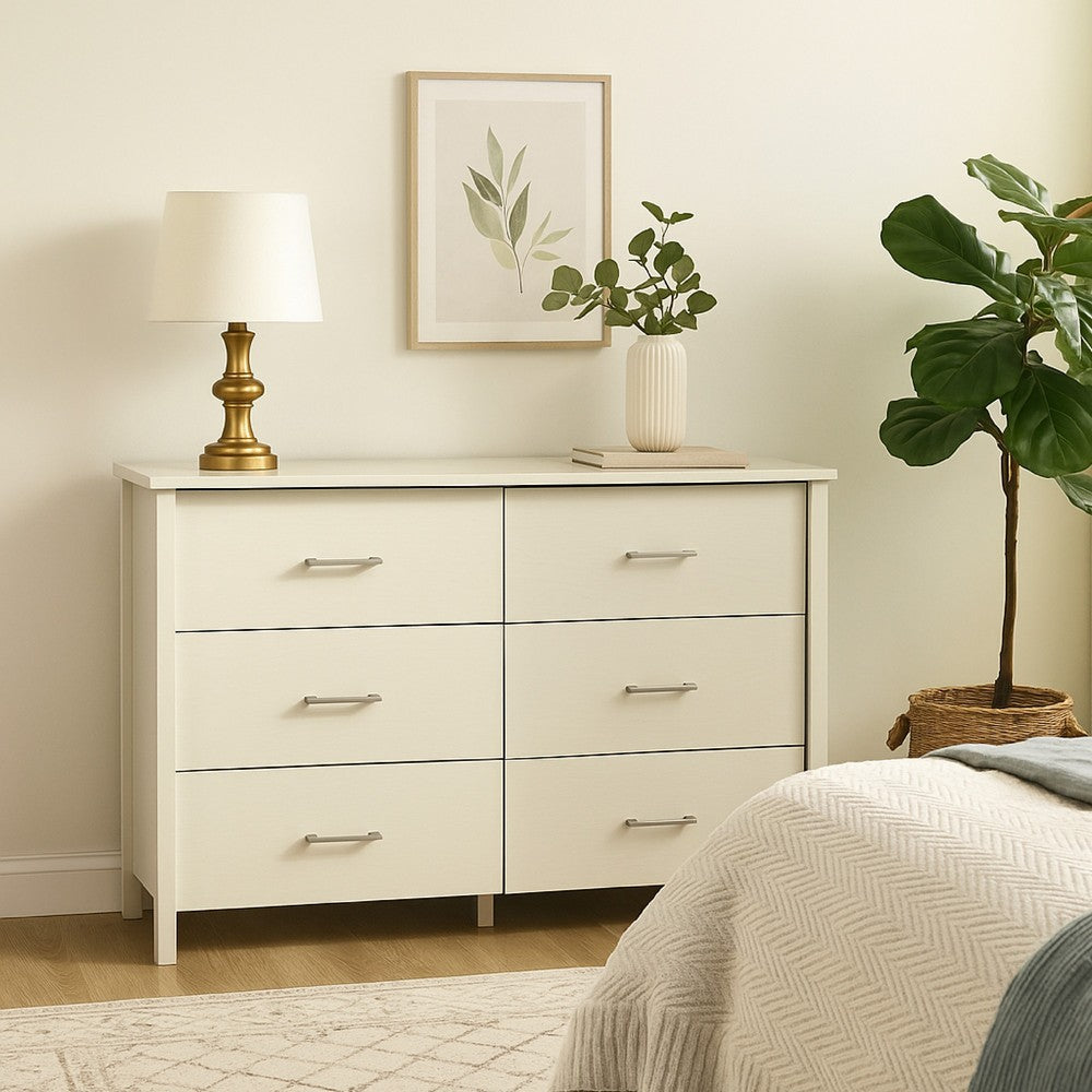 Kele Wide Dresser | 6 Drawers w Silver Handles | White Laminate