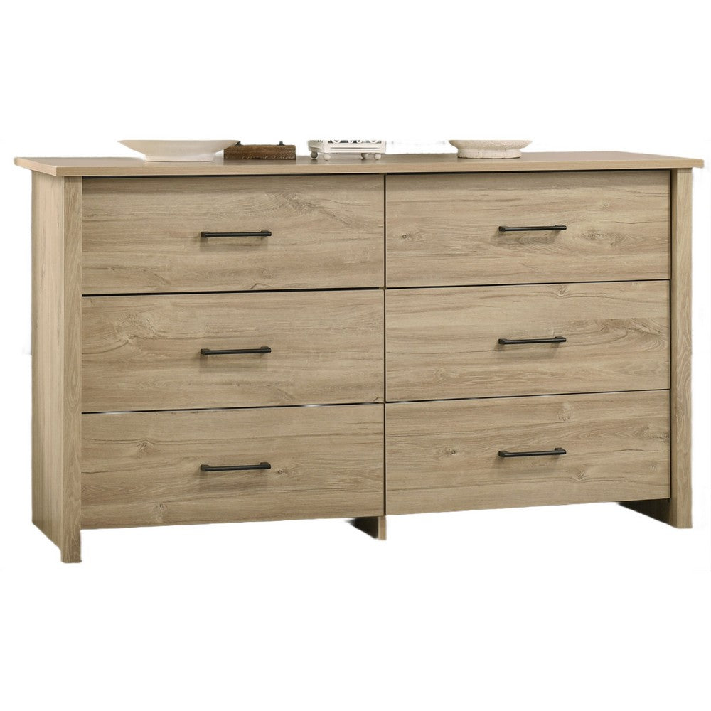 Kele Wide Dresser | 6 Drawers w Black Handles | Light Oak Brown